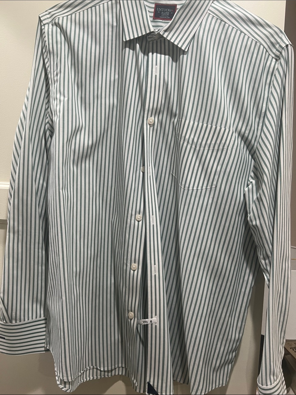 UNTUCKit Men’s White Shirt with Green Vertical Stripes